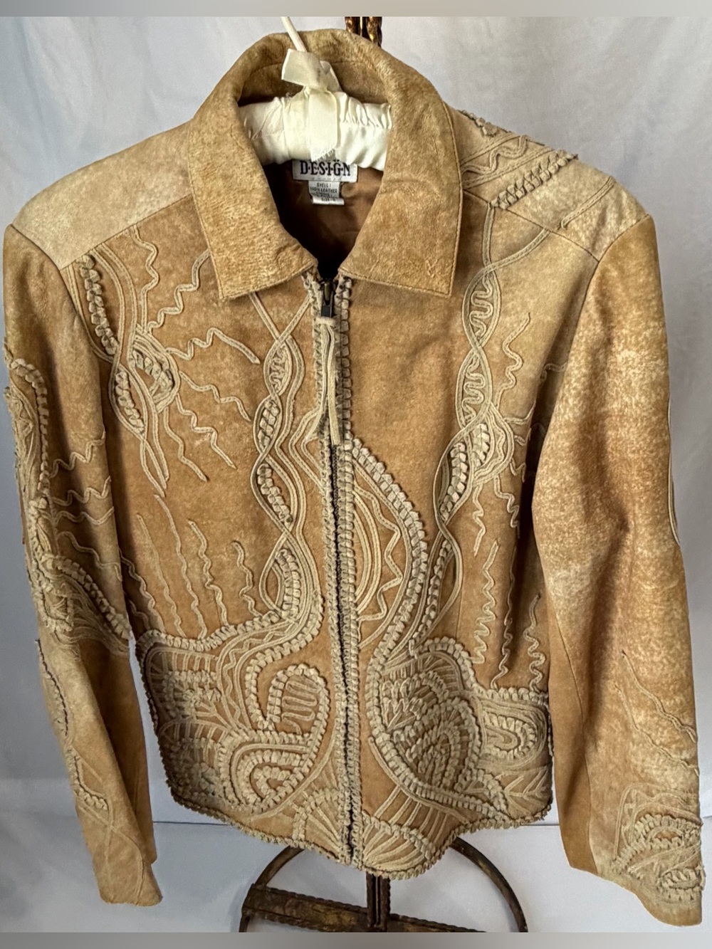 Vintage 90s Chico's Tan Suede Embroidered Zip Jacket